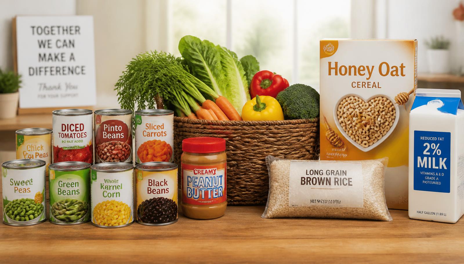 Canned goods, fresh vegetables, rice and milk prepared for pantry distribution
